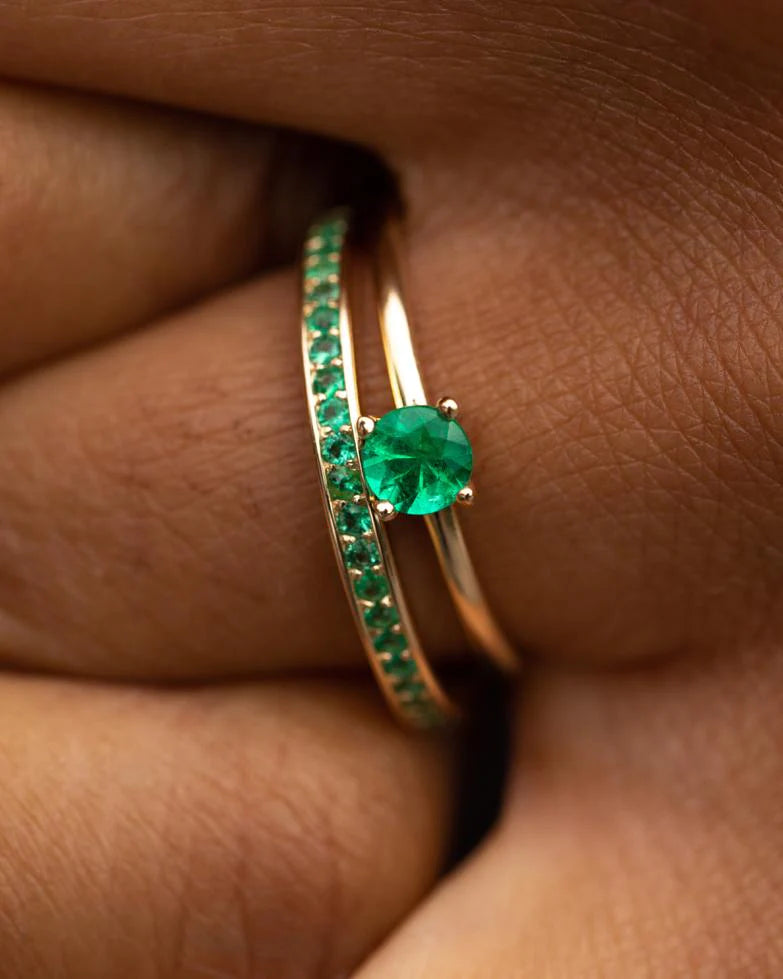Solitaire Ring in Fairmined Gold and Pavé Ring in Gold with Brazilian Emeralds
