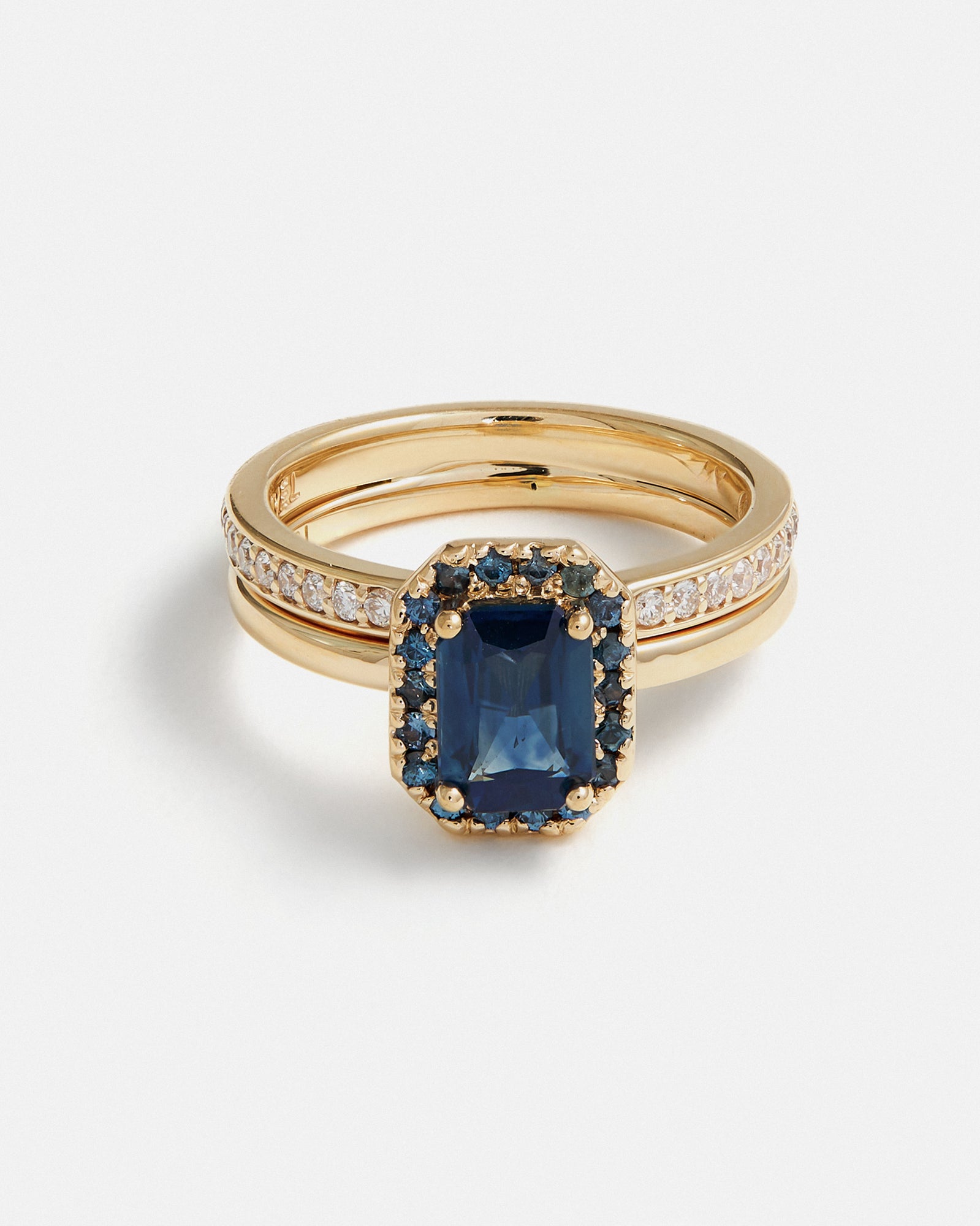 Custom Ring - Off Set Halo Emerald Cut Ring in Fairmined Gold with Australian Sapphire and Blue Spinels