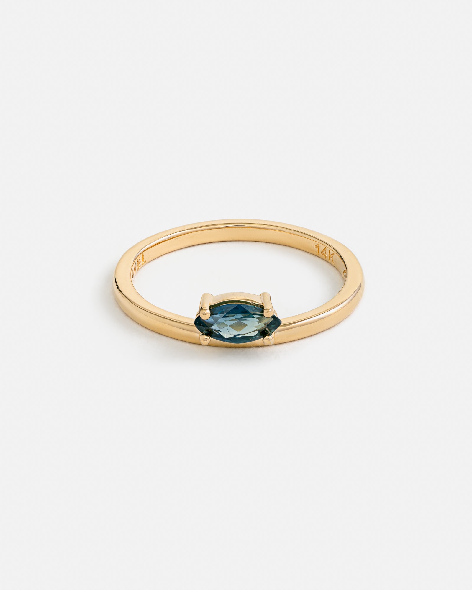 Off-set Marquise ring in 14k Fairmined Gold with Green Australian Sapphire